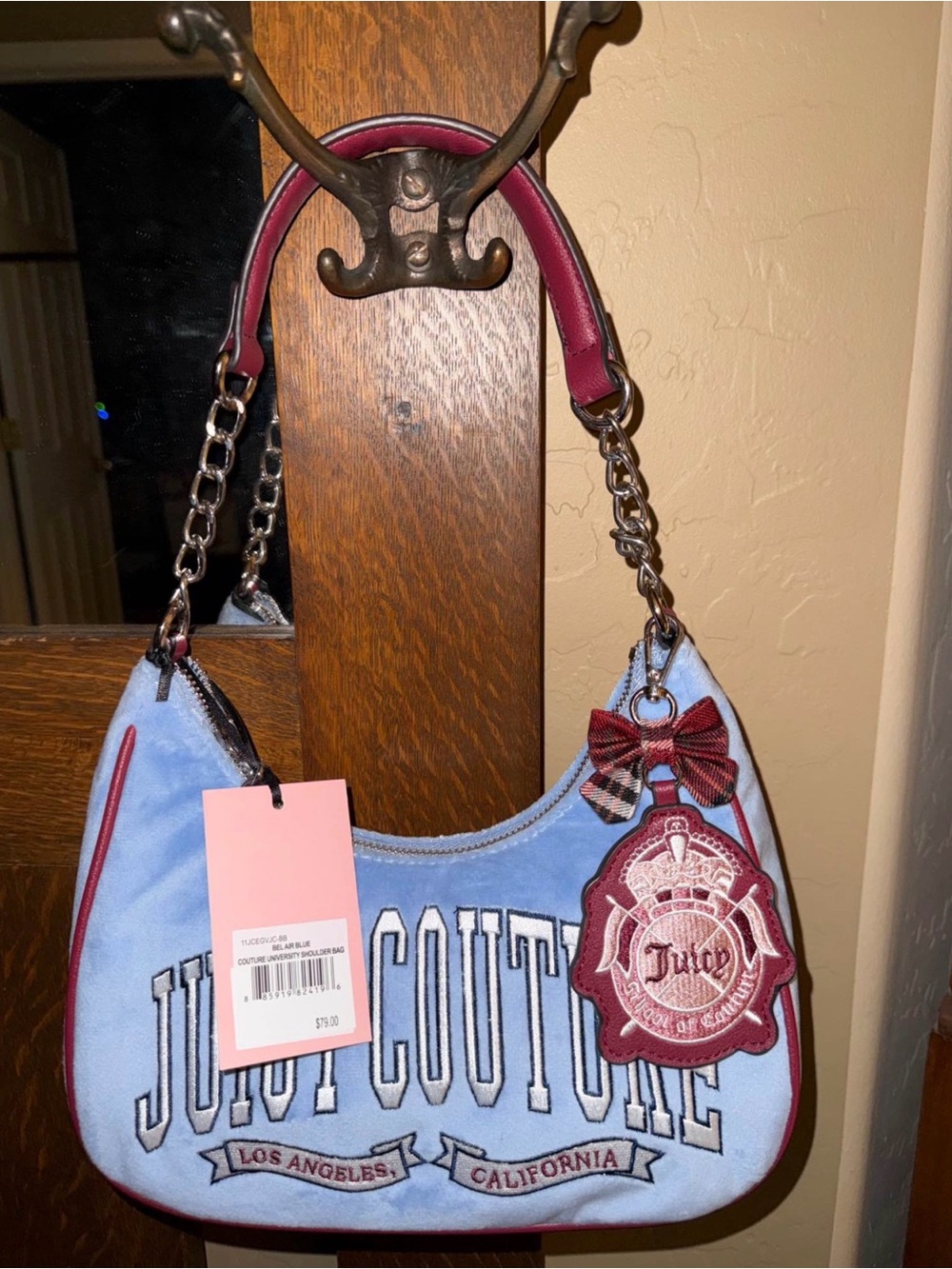NWT! Juicy Couture Light Blue Logo Shoulder Bag with Maroon Trim